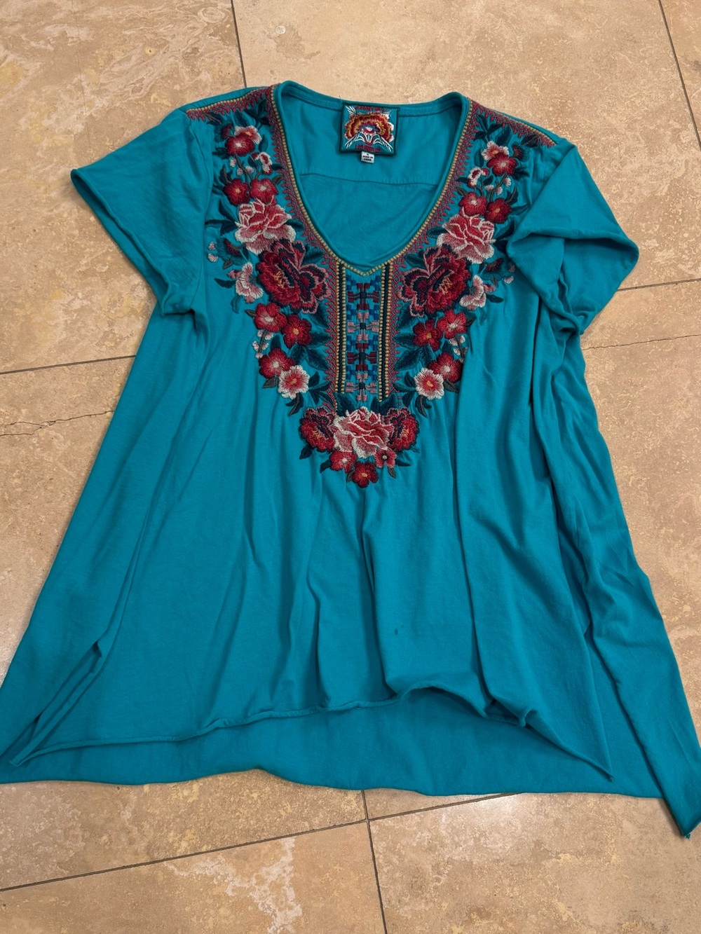 Johnny Embroidered Teal Women's V-Neck Top with Floral Detail